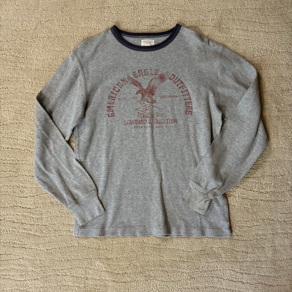 Vintage Y2K American Eagle Grey Thermal Long Sleeve Mens S Skater Grunge Surf